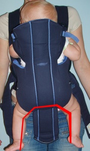 Exemplo de mochila tradicional: as pernas do bebê não ficam corretamente posicionadas, o peso do bebê recai unicamente sobre sua zona genital.